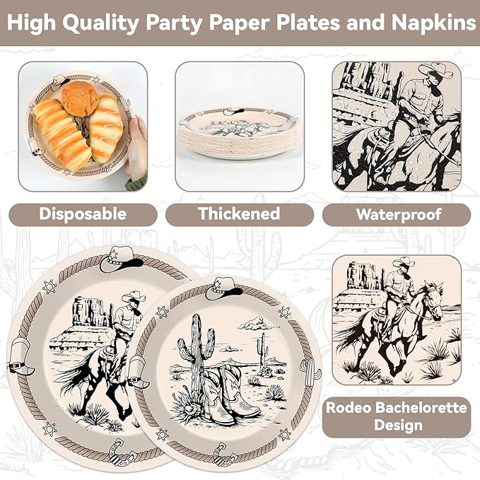 96Pcs Cowboy Party Plates and Napkins for Western Birthday Supplies First Rodeo Bachelorette Themed Paper Dessert Plates Cowboy Ranch Tableware Set for Kids Boys 24 Guests Birthday Party Decorations