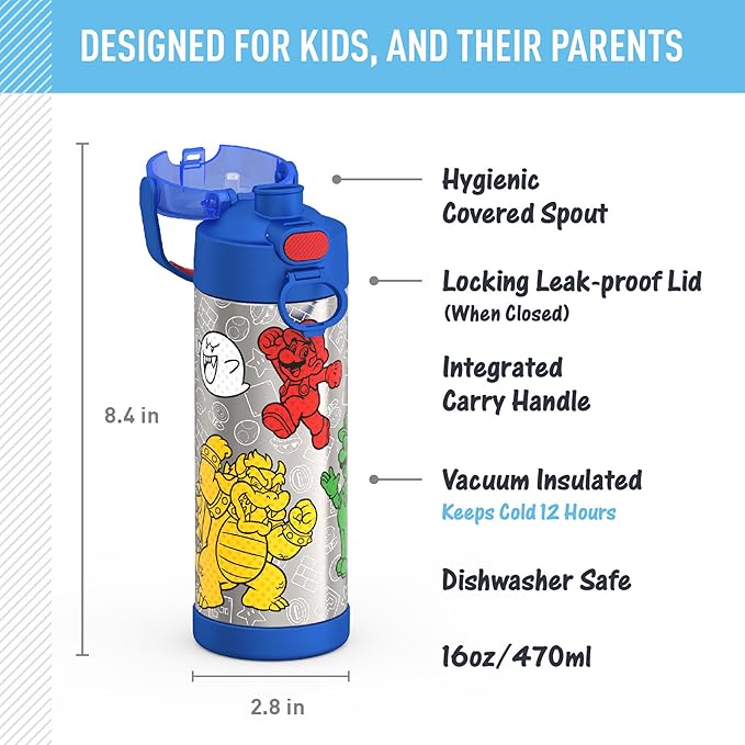 THERMOS FUNTAINER 16 Ounce Stainless Steel Vacuum Insulated Bottle with Wide Spout Lid, Mario