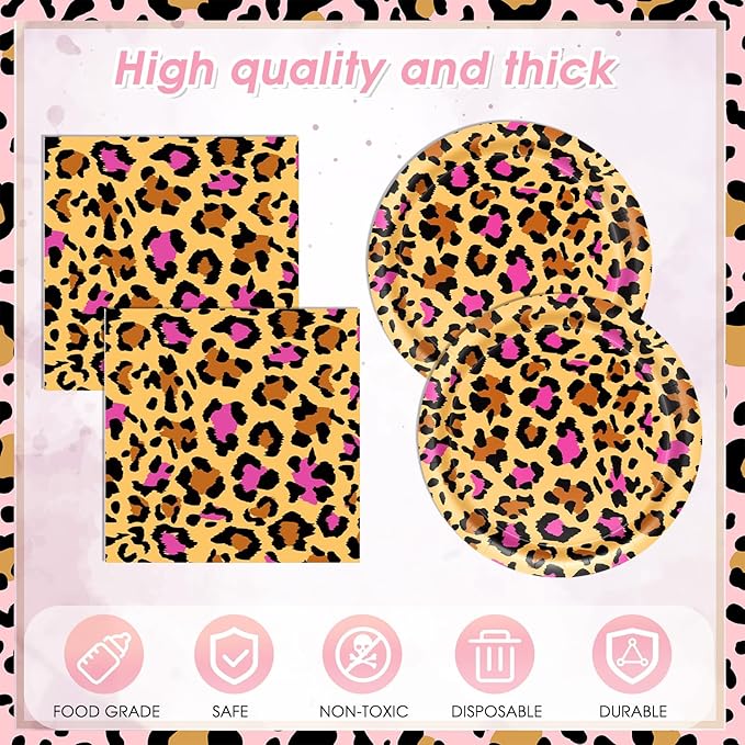 41PCS Pink Leopard Print Birthday Party Decorations Cheetah Party Decorations Tableware Dessert Plates Napkins,Cheetah Print Table Cloth for Safari Animal Leopard Theme Birthday Party Supplies
