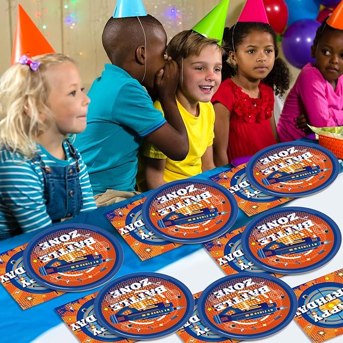 48Pcs Dart War Paper Plates and Napkins Dart War Party Decorations Blue and Orange Birthday Party Supplies Battle Video Game Disposable Tableware Set for Kids Boys' Birthday Baby Shower Serves 24