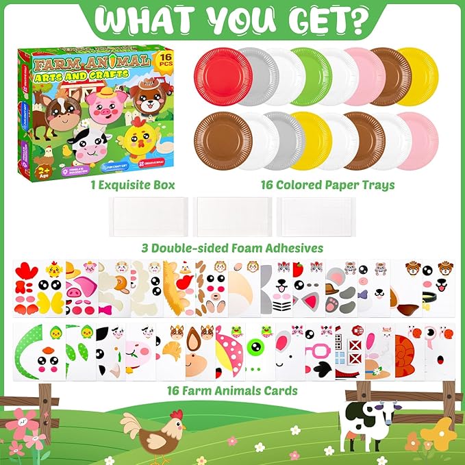 MDCGFOD 16 Pack Arts and Crafts for Kids, Toddler Crafts Animal Paper Plate Art Kit Gift for 3 4 5 6 Year Old Boys Girls DIY Kids for Birthday Party Favor Preschool Classroom Party Games (Farm)