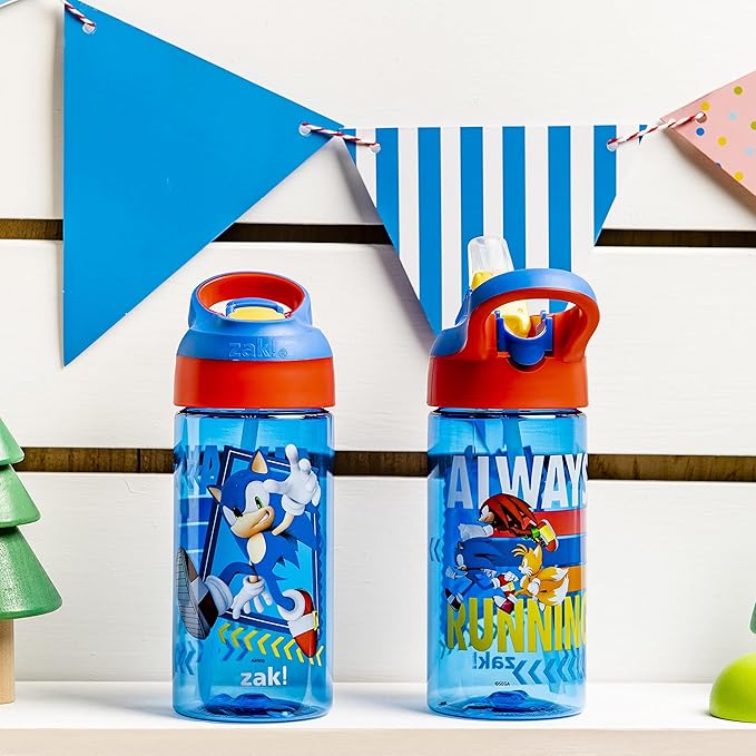 Zak Designs Sonic the Hedgehog Kids Water Bottle with Spout Cover and Built-in Carrying Loop, Made of Durable Plastic, Leak-Proof Water Bottle Design for Travel (17.5 oz, Pack of 2)