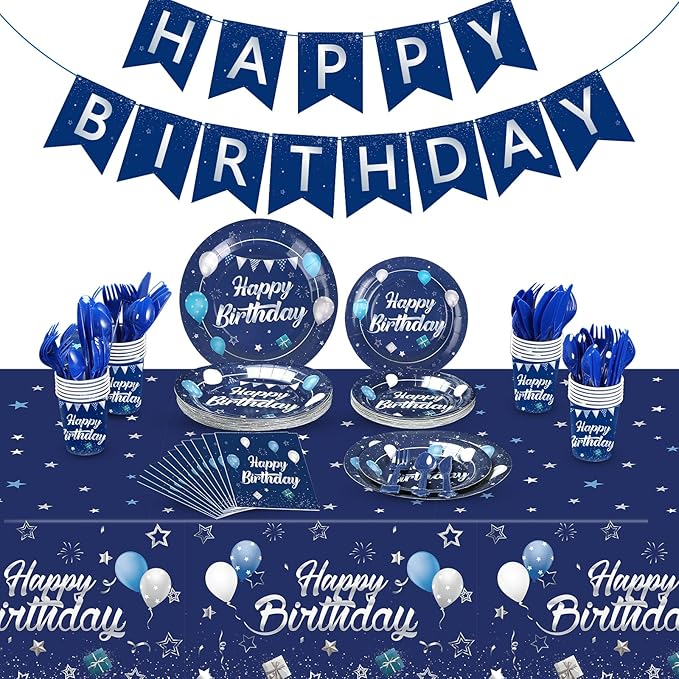 Pajean Blue Happy Birthday Party Tableware Set Birthday Decoration Banner and Tablecloths Decoration Plates Cups Napkins Dinnerware for 24 Guests Party Supplies(Blue and Silver)