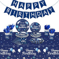Pajean Blue Happy Birthday Party Tableware Set Birthday Decoration Banner and Tablecloths Decoration Plates Cups Napkins Dinnerware for 24 Guests Party Supplies(Blue and Silver)