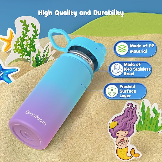 Kids Water Bottle, 2-Pack 16oz Kids Water Bottle with Stickers for School, insulated Stainless Steel Straw Cup(Gray+Blue)