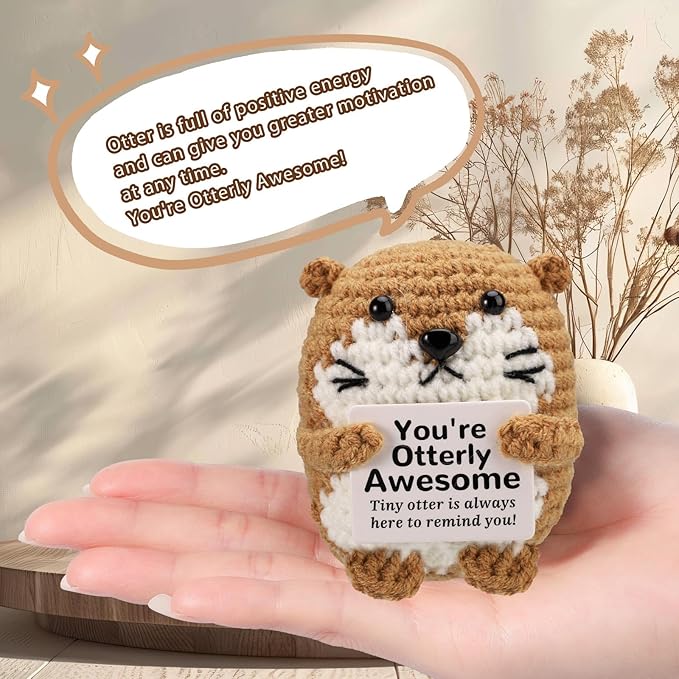 TOYMIS Funny Positive Sea Otter, Mini Crochet Potato Doll Emotional Knitted Animal Handmade Otter Toy with Support Card Cute Cheer Up Gift for Friend Coworker Birthday Encouragement Party Decoration