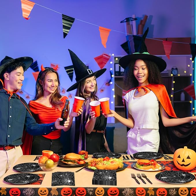 100 Pcs Halloween Spider Web Tableware Party Supplies Set, Serves 25 – Disposable Spiderweb Paper Plates, Napkins, and Forks, Spooky Dinnerware for Haunted House, Trick-or-Treat Party Decorations