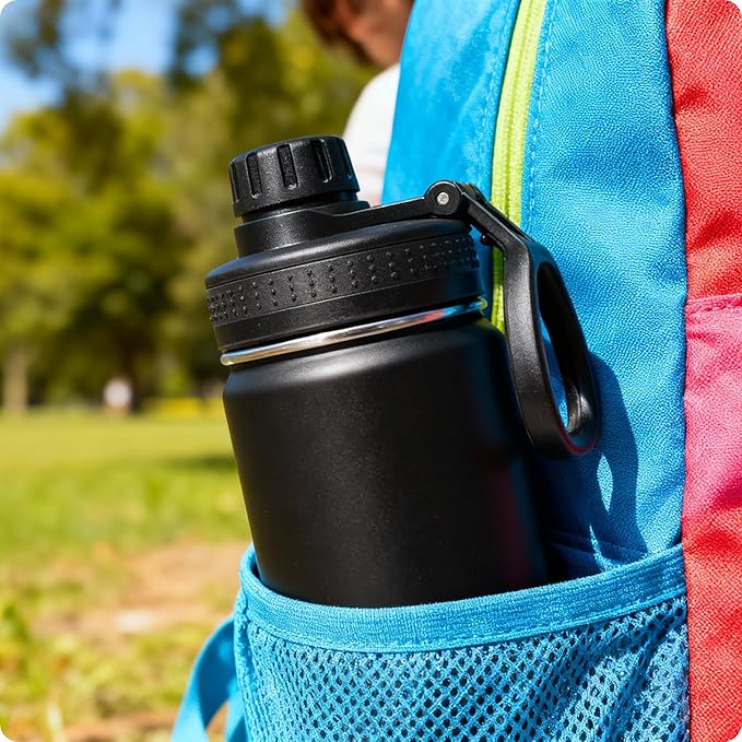 Kids Insulated Water Bottle-16 oz Stainless Steel Vacuum Wide Mouth Sports Flask with Silicone Boot-Reusable Metal Leak Proof Travel Water Bottle for Girls Boys, BPA-Free(Black)