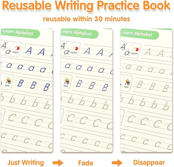 Helsort Large Magic Grooved Practice Copybook for Kids, Reusable Grooved Handwriting Workbook, Learn to Write Number Letter Tracing for Kids Ages 3-8 Kindergarten Preschool Calligraphy 10.2×7.3"