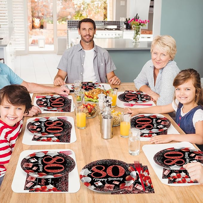 gisgfim 96 Pcs 80th Birthday Plates and Napkins Party Supplies 80 Years Old Birthday Party Tableware Set Red Black Dinner Dessert Plates 80th Birthday Decorations Favors for Man Women for 24 Guests