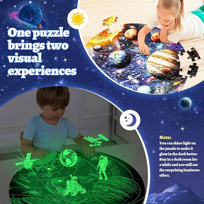 Glow in The Dark Solar System Jigsaw Puzzles for Kids Ages 4-8, 70 Pieces Kids Space Planet Floor Puzzle Toys Ages 8-10, Large Round Educational Puzzle Toys Easter Gifts for Kids Boys Girls