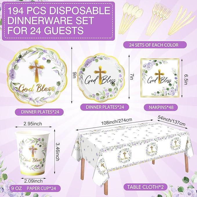 Pickmesh 194 Pcs God Bless Baptism Party Decoration Girl for 24, Purple Floral Baptism Confirmation Paper Plate Napkin Cup Tablecloth Cutlery for First Holy Communion Christening Baby Shower Supplies