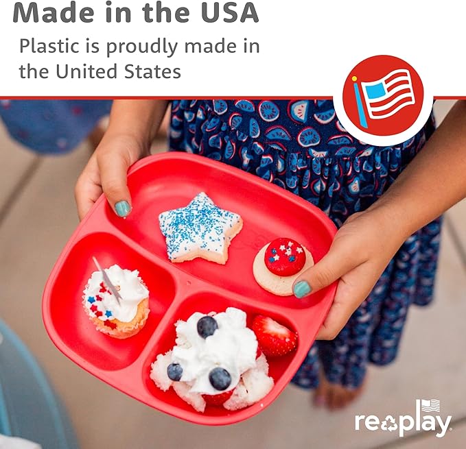Re-play 3x3 Divided Toddler Plates and Utensils Set - Toddler Forks and Spoons Set - Dishwasher and Microwave Safe - Made in USA - Berry