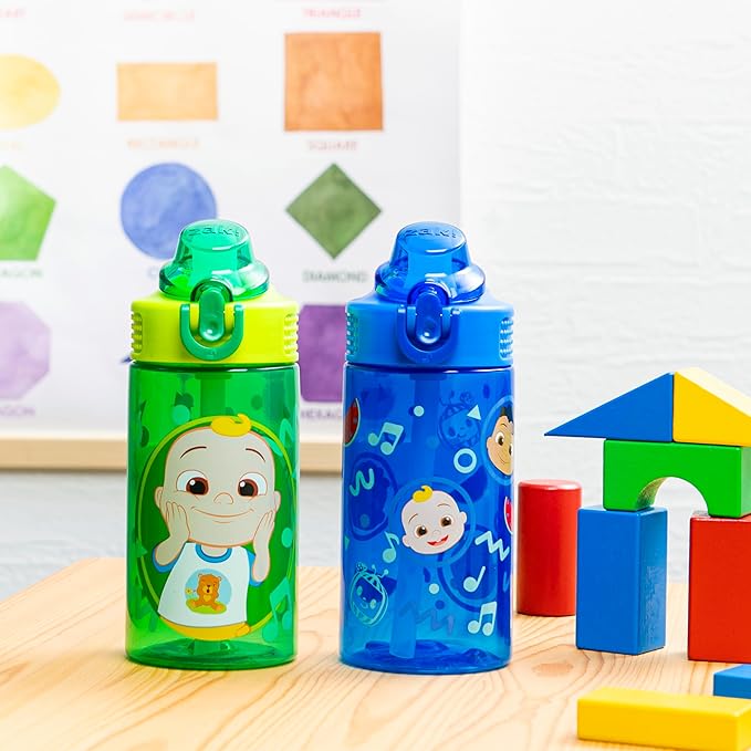 Zak Designs CoComelon Sage Kids Water Bottle For School or Travel, 16oz Durable Plastic Water Bottle With Straw, Handle, and Leak-Proof, Pop-Up Spout Cover, 2-Pack Set (JJ & Cody)