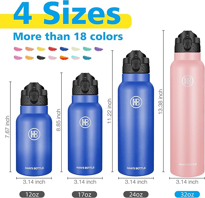 Han's Bottle Sports Water Bottle - 32 Oz, Straw Lid, Leak Proof, Vacuum Insulated Stainless Steel, Double Walled, Thermo Mug,Blush