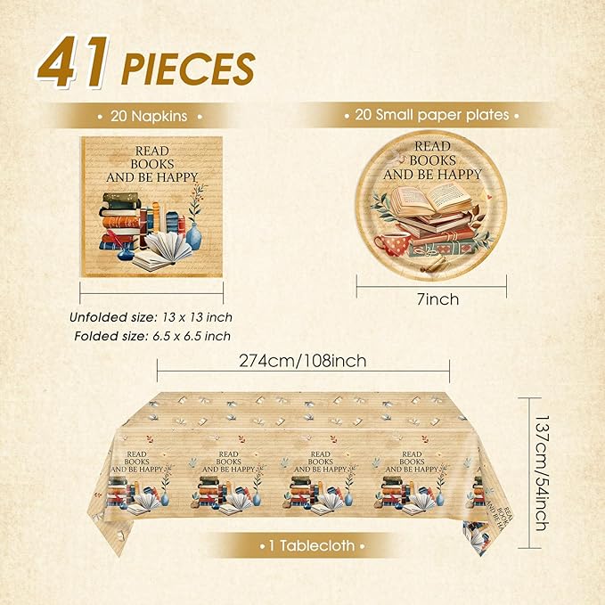 41Pcs Book Themed Party Decorations Vintage Book Club Theme Birthday Supplies Library Reading Theme Plates Napkins Tablecloth,for Library Party, Birthday, Engagement Party Decorations, Serves 20