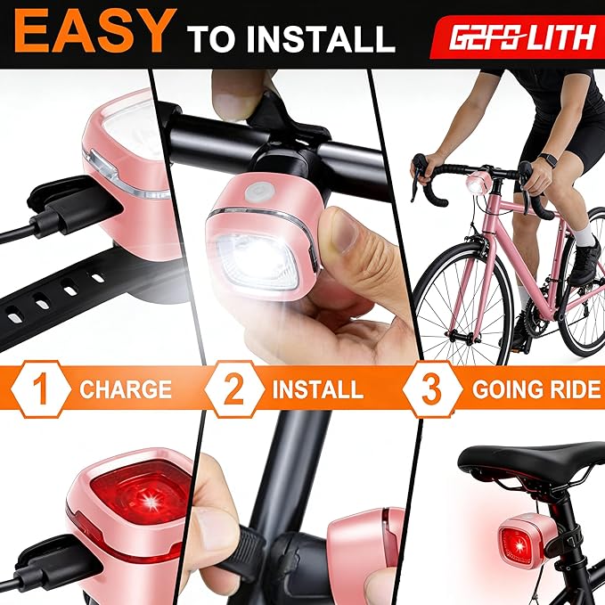 Bicycle Front & Rear Lights, Type-C Rechargeable LED Bike Light Set, IPX6,Waterproof Flashlight for Night Riding, Safety Headlight Taillight, Kids Girls Children's Bicycle Accessories