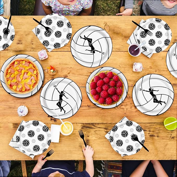 Grencian 96Pcs Volleyball Party Decorations Volleyball Paper Plates and Napkins Sports Theme Disposable Tableware for Girls Birthday Party Supplies Serves 24