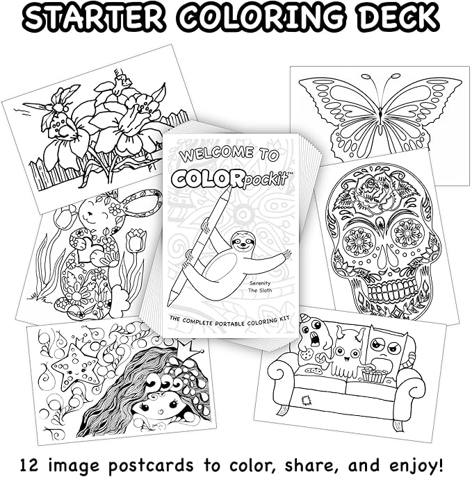 Colorpockit Coloring Kit Travel Art Set with Colored Pencils, 4x6 Coloring Cards, Built in Sharpener, Mess Free Trip Activities for Airplanes or Car, 8.5 x 5, 28 pieces
