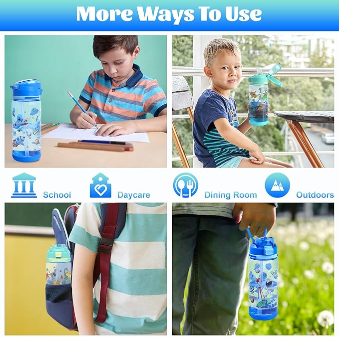 decalsweet Kids Water Bottle 20oz Durable Leak-Proof Plastic Water Cup for Kids Toddlers,With Straw Handle and Pop-Up Spout Cover,Safe for School Sports Daycare Travel & Camp Pack of 2