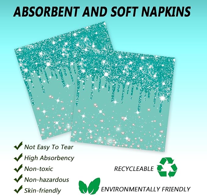 72 Pcs Teal Glitter Paper Plates 7in Disposable Paper Dessert Plates Napkins and Forks Party Tableware Set Happy Birthday Table Decorations for 24 Guests Blue Green Silver Birthday Wedding Theme Party