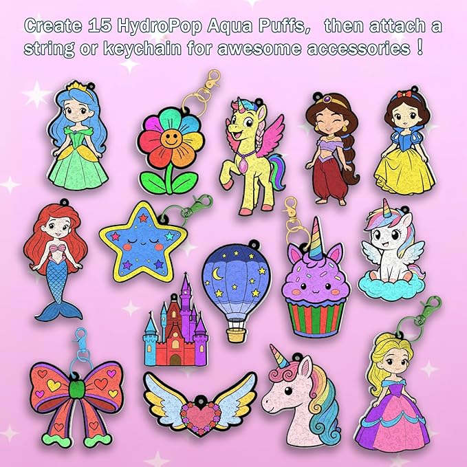 WurLoo Aqua Puffs 3D Art Kit for Kids, Mess-Free Paint by Number Crafts with Princesses & Unicorns, DIY Color & Inflate Activity, Travel Toys & Creative Gifts for Girls Ages 4, 5, 6, 7, 8, 9, 10