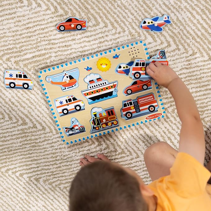 Melissa & Doug Vehicles Sound Puzzle - Wooden Peg Puzzle With Light-Activated Sound Effects (8 pcs) Puzzles for Toddlers, Wooden Puzzles For Kids Ages 2+