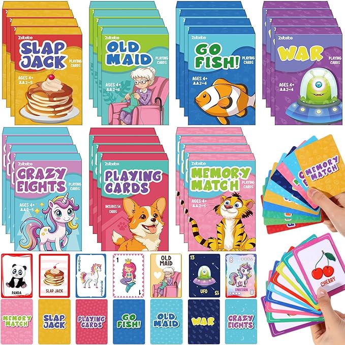 Zubebe 42 Pack Kids Card Games Gifts Bulk Classic Playing Card Game Set for Kids Includes Go Fish, Old Maid, Crazy Eights, Memory Match, Slap Jack, Playing Toy for Party Favors (Classic)