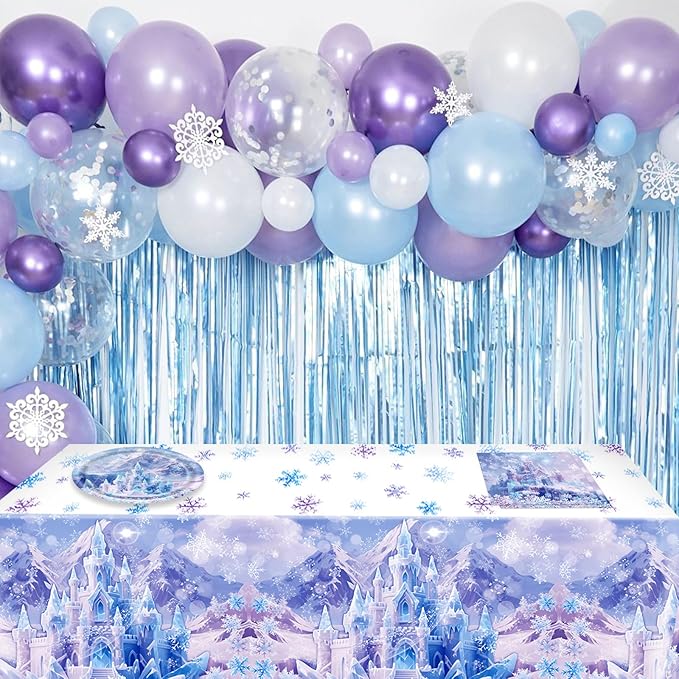 41Pcs Winter Wonderland Decorations Snowflake Castle Party Supplies Blue Purple Snowflake Plates Napkins Tablecloth, for Winter Birthday, Baby Shower, Princess Party Decor, Classroom Celebration