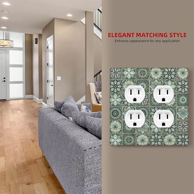 Moroccan Mandala Tile Floral Talavera Tiles Outlet Covers 2 Gang Double Duplex Decorative Light Switch Covers Electrical Wallplates Socket Faceplate for Bathroom Kitchen Decor