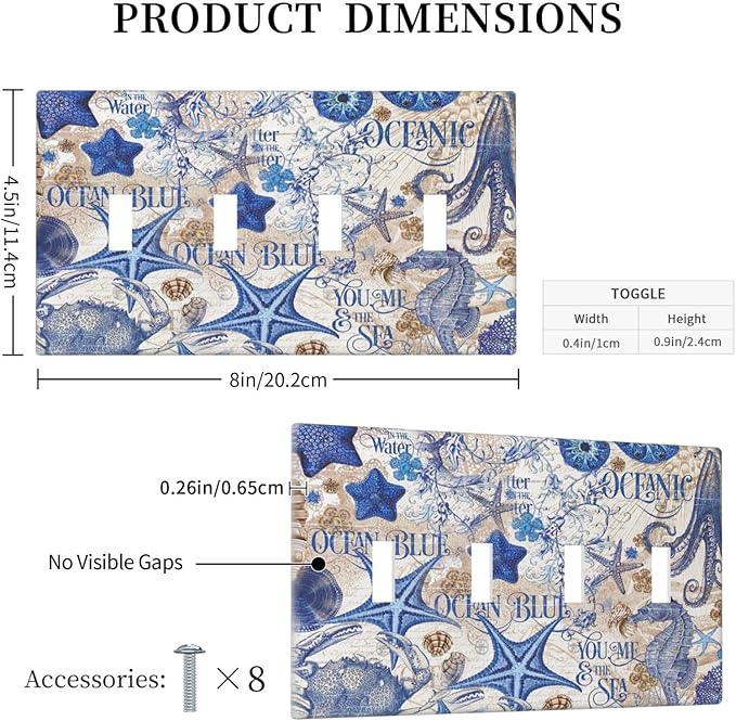 Light Switch Covers Vintage Sea Blue Seahorse Starfish Octopus Quad Toggle Electrical Faceplate 4 Gang Wall Plate Decorative Switch Plates For Kids Room Home Decor