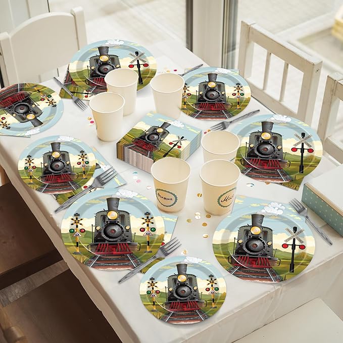 96 Pcs Train Paper Plates and Napkins Party Supplies Steam Train Birthday Disposable Tableware Set Retro Trains Transportation Party Decorations Favors for Baby Shower Dinnerware Favor Serves 24