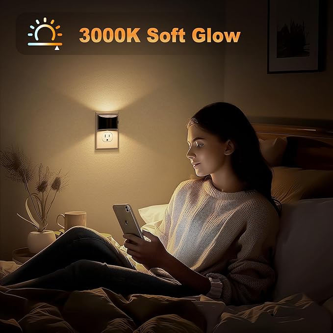 JandCase Night Light, Automatic Night Lights Plug into Wall,2 Pack Dusk to Dawn Sensor Nightlight, 3000K Soft White Brightness Adjustable Nightlight for Kids Bedroom Hallway Kitchen Decor