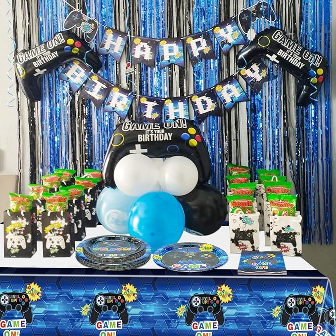 Video Game Party Supplies Serve 20-81Pcs Plates Napkins Tablecloth Forks Set for Boys Gaming Controller Party Decorations