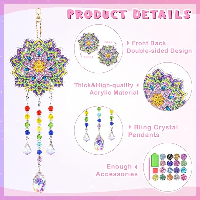 Arts and Crafts for Kids Ages 8-12, Diamond Art Kits for Kids Birthday Gifts for 5 6 7 8 9 10 11 Year Old Girls Diamond Painting Kits for Adults Teen, Gem Art Suncatcher Wind Chime for Home Garden