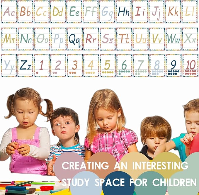 YIYDONG 36 Alphabet Posters, Alpethabet Line ABC Number Bulletin Board Set Preschool English Poster Kindergarten Elementary Classroom Wall Decor Nursery Homeschool Supplies (White)