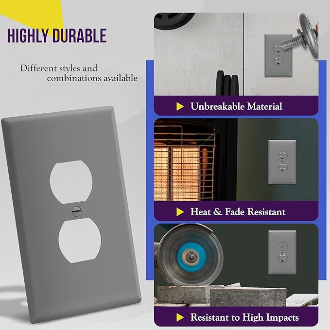 ENERLITES Duplex Receptacle Outlet Wall Plate, Jumbo Electrical Outlet Cover, Gloss Finish, Oversized 1-Gang 5.51" x 3.50", Polycarbonate Thermoplastic, 8821O-GY, Gray