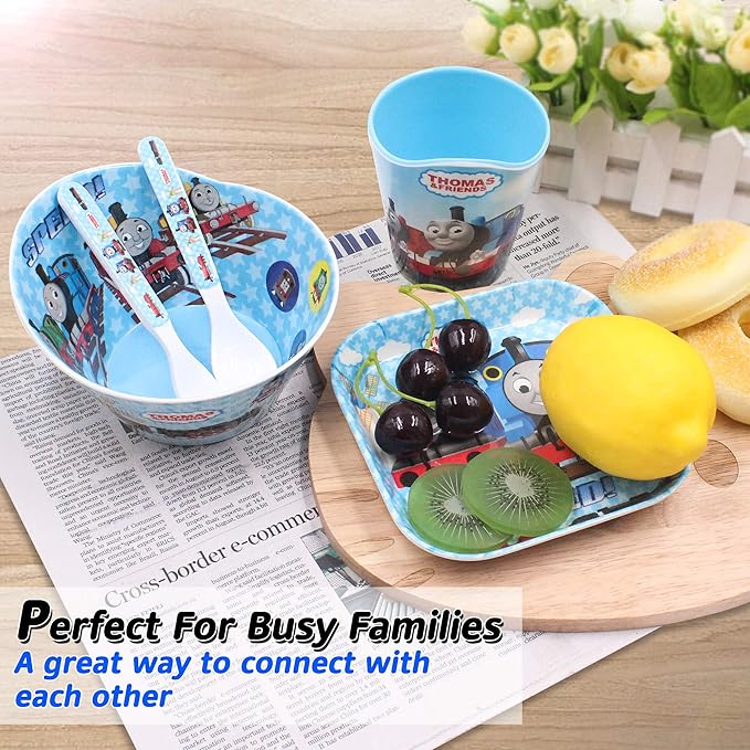 Thomas Transport Fans 5 Pcs Set Cartoon Durable Tableware Meal Dishes Mealtime Food Feeding Eating Set includes Dinner Serving Bowl Plate Cup with a Matching Spoon and Fork
