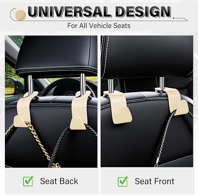 SINGARO Universal 4 Pack Car Seat Headrest Purse Hook, Carbon Fiber Back Seat Hook Storage Organizer Hanger for Purse Handbag Coat, Car Interior Accessories(Beige)