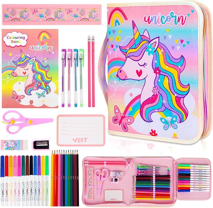 Washable Markers Set with Glitter Pencil Case, Art Supplies for Kids Ages 4-6-8, Arts Crafts Travel Coloring Kit for Girls 4 5 6 7 8 Year Old Birthday Gifts