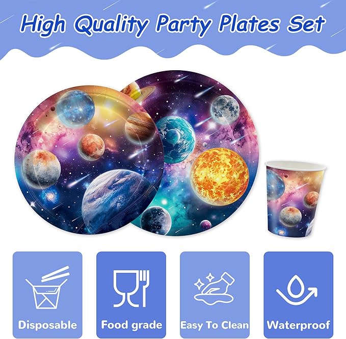 168PCS Planet Party Supplies for Girls Boys Space Themed Happy Birthday Party Decorations Galaxy Planet Outer Space Paper Plates Napkin Cups Forks Knives Straw Tableware for 24 Guests