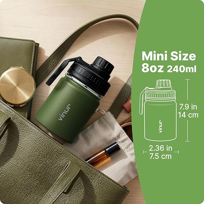 Vinur Mini Water Bottle-8 oz Stainless Steel Vacuum Insulated Small Water Bottle for Kids Lunchbox and Purse Reusable Leak Proof Travel Flask for Boys, Grass Green