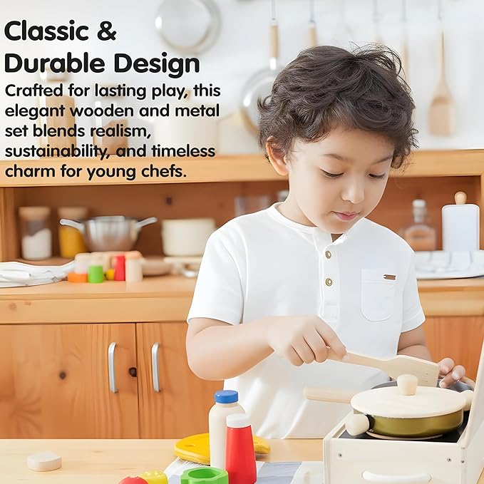 PlanToys® Pretend Play Wooden Cooking Utensils Set | Kitchen Toy for Imaginative Cooking | Encourages Creativity, Practical Life Skills & Montessori-Inspired Play