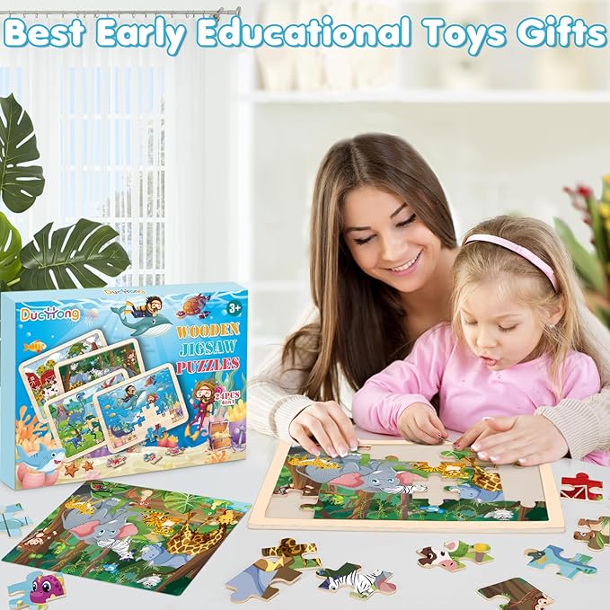 Puzzles for Kids Ages 4-6, 4 Packs Wooden Animals Jigsaw Puzzles for Toddlers Ages 3-5, Preschool Educational Puzzles Boards Toys Gifts for 3 4 5 6 Boys Girls
