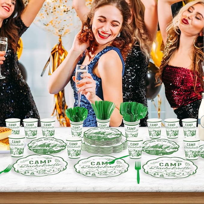 168Pcs Camp Bachelorette Party Decorations Scalloped Mountain Camp Plates and Napkins Cups Tableware Sets Camping Bachelorette Decoration for Bridal Shower Wedding Engagement Party Supplies Serves 24