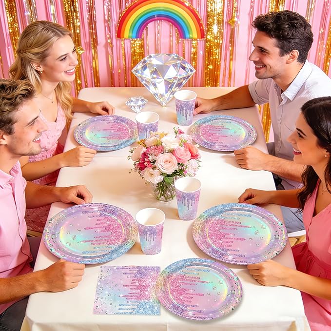 168Pcs Iridescent Birthday Party Supplies Pink Purple Pastel Colorful Diamond Plates and Napkins Cups Rainbow Tableware Set for Girls Bridal Baby Shower Sparkle Bachelorette Wedding Supplies Serve 24