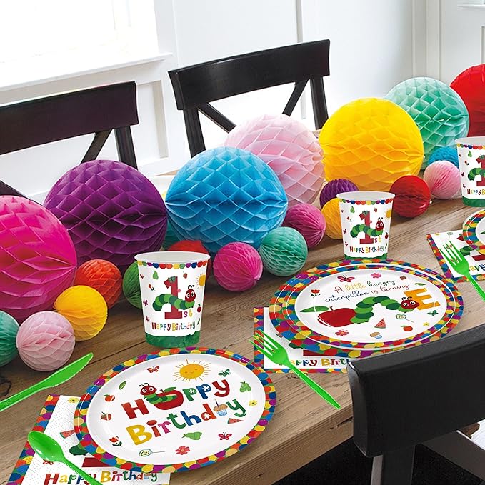 168Pcs Caterpillar 1st Birthday Party Supplies Green Insect Plates Napkins Disposable Tableware Set Hungry Bug Party Decoration for Kids Birthday Baby Shower Serve 24