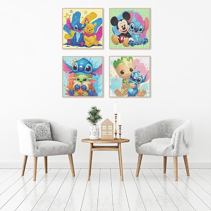 Fuinkqe 4 Packs Diamond Art Kits for Kids,Cartoon Diamond Art for Kids Ages 4-8,5D DIY Diamond Art Kits Ages 8-12,Mosaic Kits Gem Art for Home Wall Decor 6X6 Inch