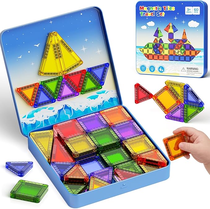 WMXDU 60 PCS Magnetic Tiles Travel Set for Kids, Portable Magnetic Building Blocks with Tin Box, Car Rides Airplane Road Trip Activities, Birthday Gift for Boys