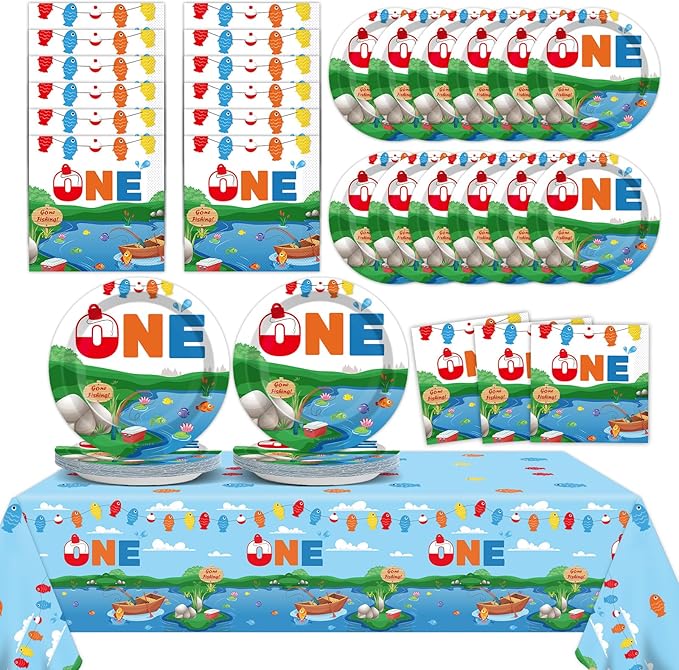 Ofishally One Birthday Party Supplies Serves 24 Gone Fishing 1st Party Paper Plates Napkins Little Fisherman Tablecloth Set Tableware Kit for Baby Shower Decorations Kids Boys Girls